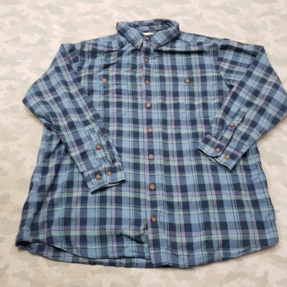 Duluth Trading Shirt Mens 2XLT Blue Relaxed Fit Plaid Long Sleeve Button-Up